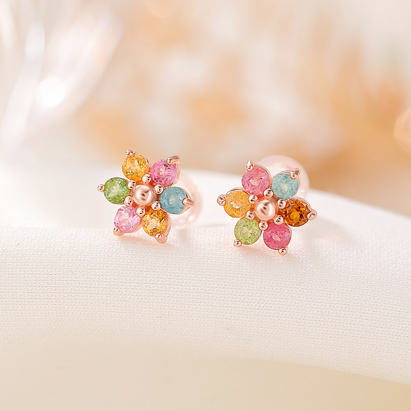 Bông tai bạc S925 mạ vàng hồng đính tourmaline hình hoa nhiều màu — Một cặp (màu sắc tourmaline là ngẫu nhiên)