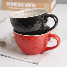 厂家直销个性陶瓷碗马克杯家用汤杯浮雕早餐杯麦片杯大容量咖啡杯