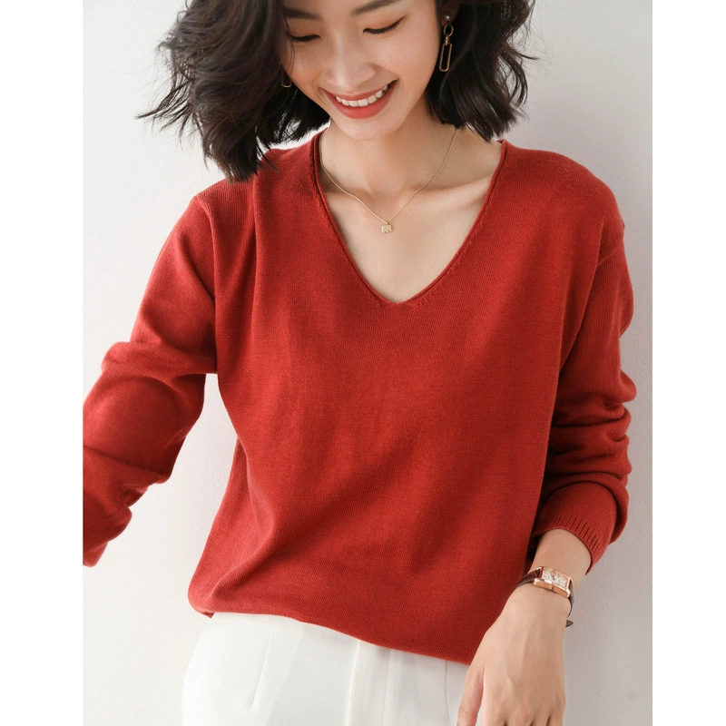 Women's Polyester Pullover (Brand) Slim Long-Sleeve Sweater, Round & V-Neck, Commuting Style