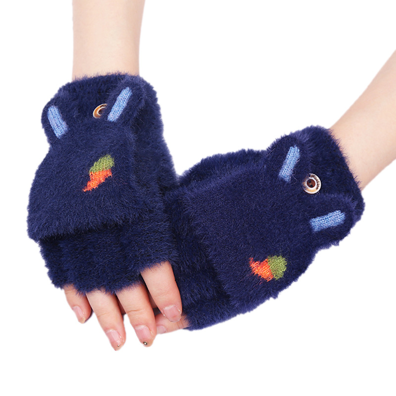 2023 new cute rabbit ears warm gloves female plush student half finger flip winter knitted gloves wholesale