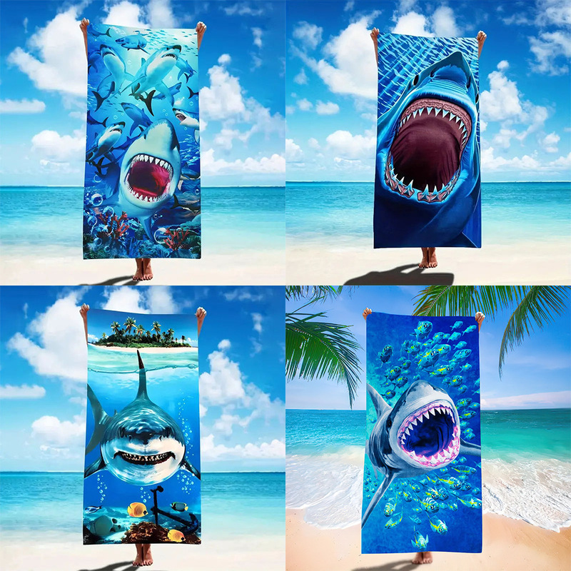 A Fun Cool Shark Beach Towel Swimming Towel Men's Quick-Drying Water-Absorbent Double-Sided Velvet Fiber Bath Towel