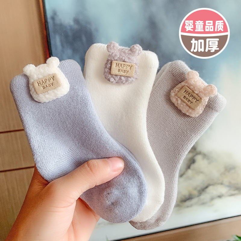 [Hot-Selling Item] Cross-Border Newborn Baby Socks Fleece-Lined and Thickeneded Terry to Keep Warm and Cold-Proof in Winter, Cute Cartoon Mid-Tube