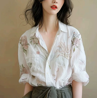 夏季冷淡系高级感印花棉麻上衣轻熟法式小众亚麻白色女士衬衣衬衫