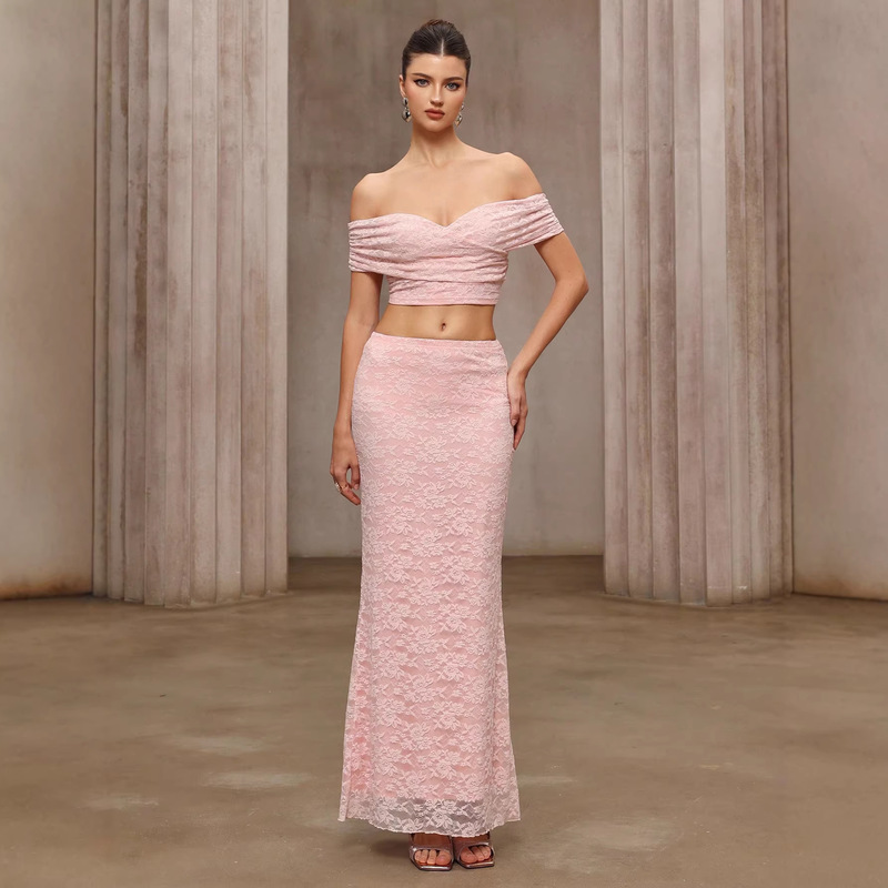 New Foreign Trade Cross-Border Style Sexy Slim-Fit Two-Piece Lace Off-Shoulder Top and Skirt Women's Suit Dress New Foreign Trade Cross-Border Style Sexy Slim-Fit Two-Piece Lace Off-Shoulder Top and Skirt Women's Suit Dress