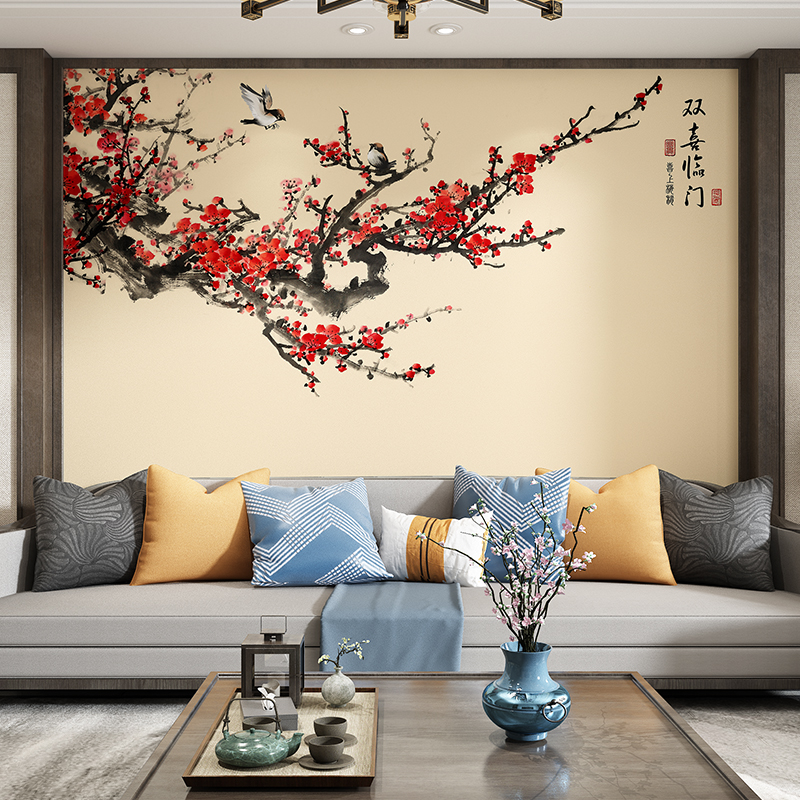 Modern Chinese-style plum blossom wallpaper, sofa, TV background wall, hard-covered mural, living room floral and bird wallpaper, floral wall covering