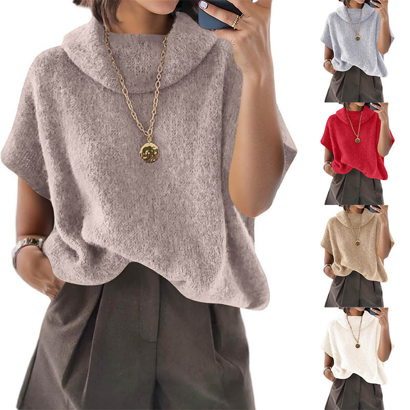 2025 Amazon Autumn and Winter Export Women's High-Neck Loose Pullover Short Bat-Sleeve Top Soft Knitted Sweater