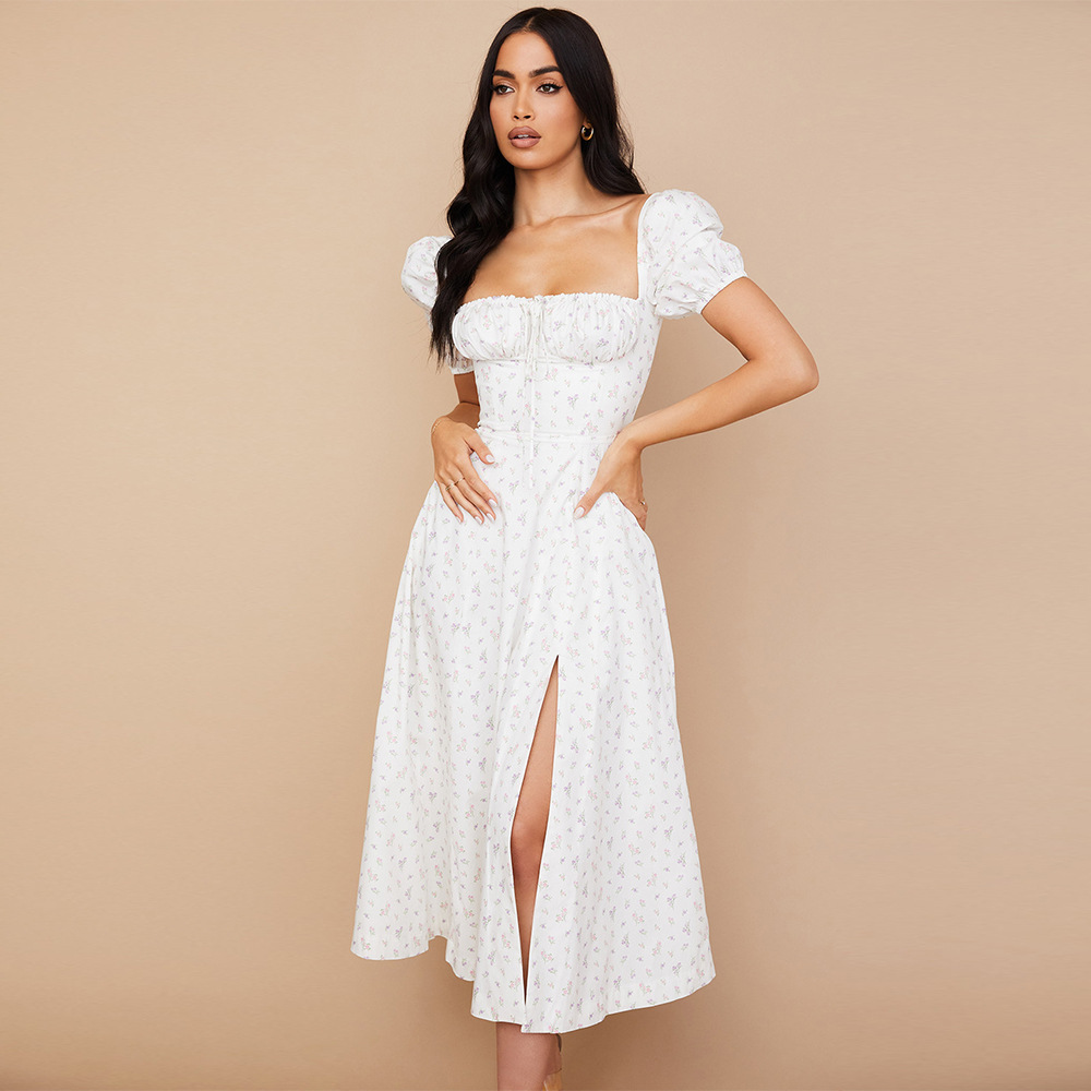 Square Neck Puff Sleeve Printed Hollow Slit Dresses NSLBK110260