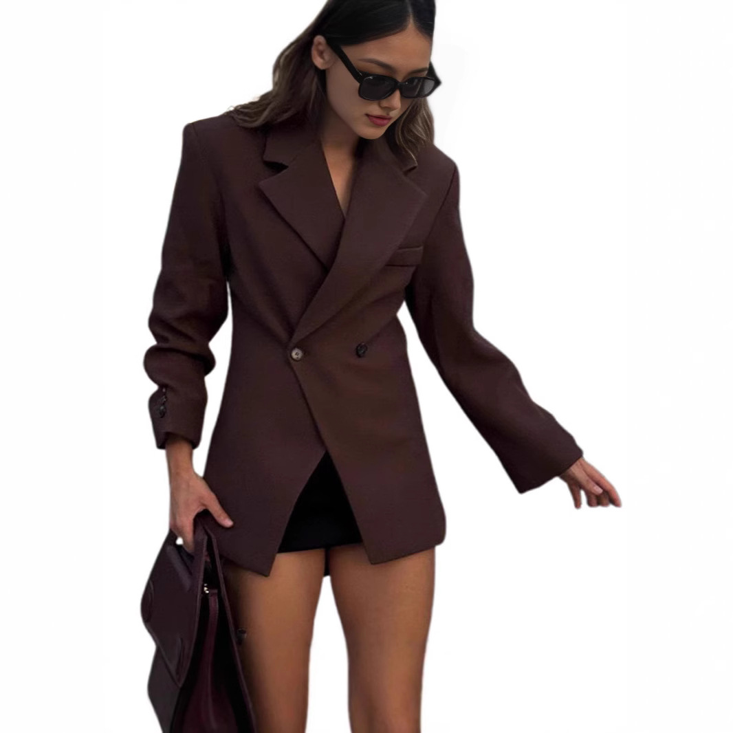 Dametøj rødbrun asymmetrisk jakkesæt med kant forår og efterår hotsælgende jakke_voghion.com