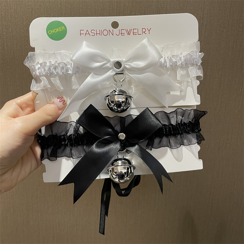 Lace Bell Collar Necklace with Bow and Bell, Black Cute Neck Accessory — detail image 7