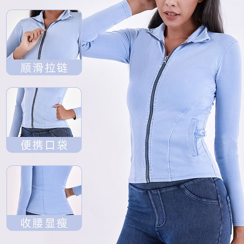 Cross-border nuevo punto Denim cremallera chaqueta de yoga mujeres adelgazamiento apretado de cuello alto doble bolsillo fitness ropa de abrigo superior