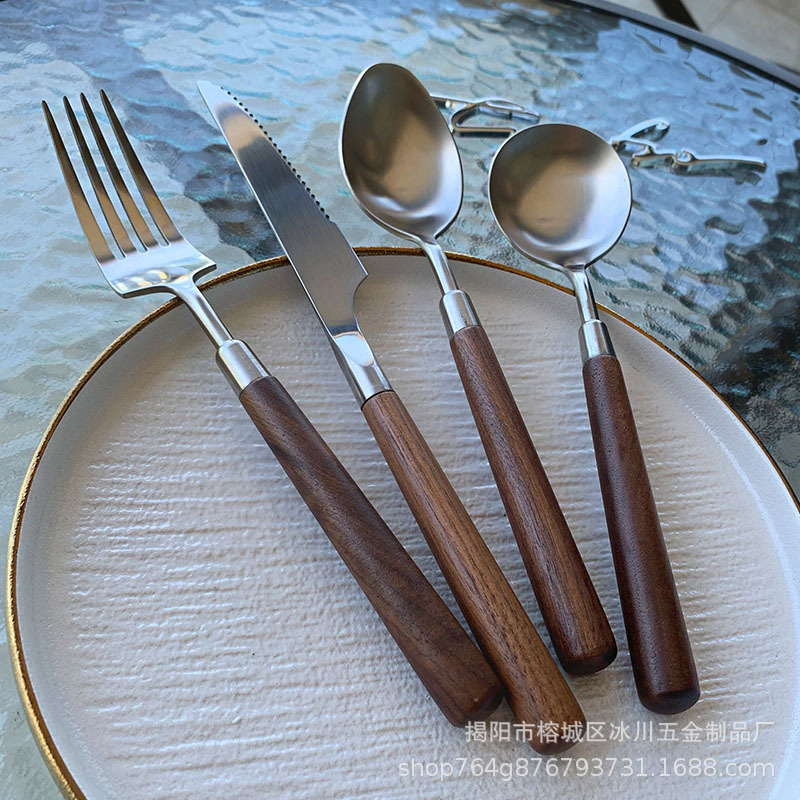 Middle East Coast] walnut round handle matte 304 stainless steel vintage knife and fork spoon Western steak fork spoon tableware