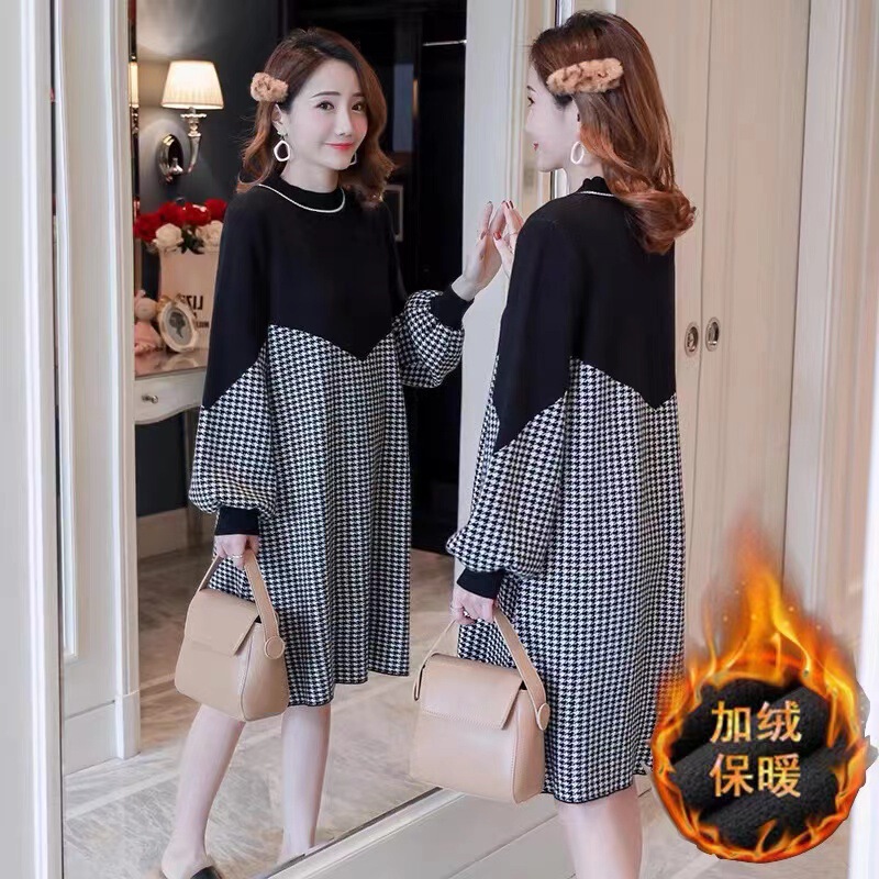 In-Stock Maternity Wear Winter Fleece-Lined Warm Mid-Length Dress New Autumn and Winter Stylish Maternity Cotton Sweatshirt