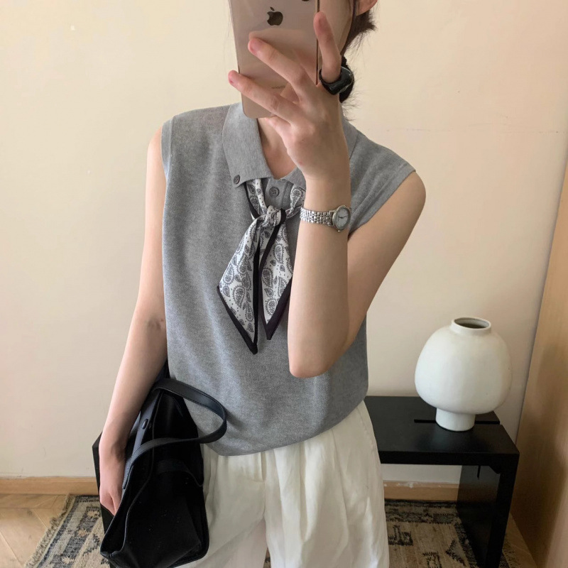 2025夏季新款韩版气质小翻领纽扣配丝巾薄款无袖针织衫上衣女T恤|undefined