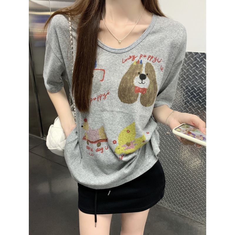 Summer 2026 Dog Print U-Neck Short-Sleeve T-Shirt for Women, Thin and Youthful, Casual and Lazy Style Inner Wear Top