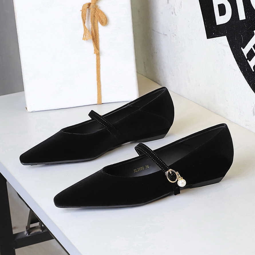 3686-K205 Korean Style Temperament Style Commuter Single Shoes for Women, Pointed Point, Shallow Mouth, Pearl Straw, Low Heel, Slope Heel Women's Shoes