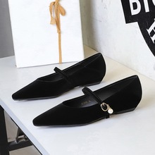 3686-K205 Korean Style Temperament Style Commuter Single Shoes for Women, Pointed Point, Shallow Mouth, Pearl Straw, Low Heel, Slope Heel Women's Shoes