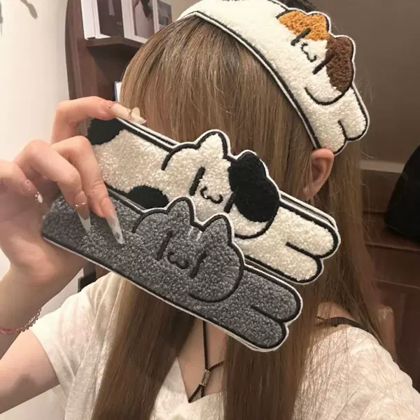 Cute long striped tabby cat and cow cat Velcro hairband for sweet girls, cartoon style, for washing face, fixing stray hair and bangs, dual-use