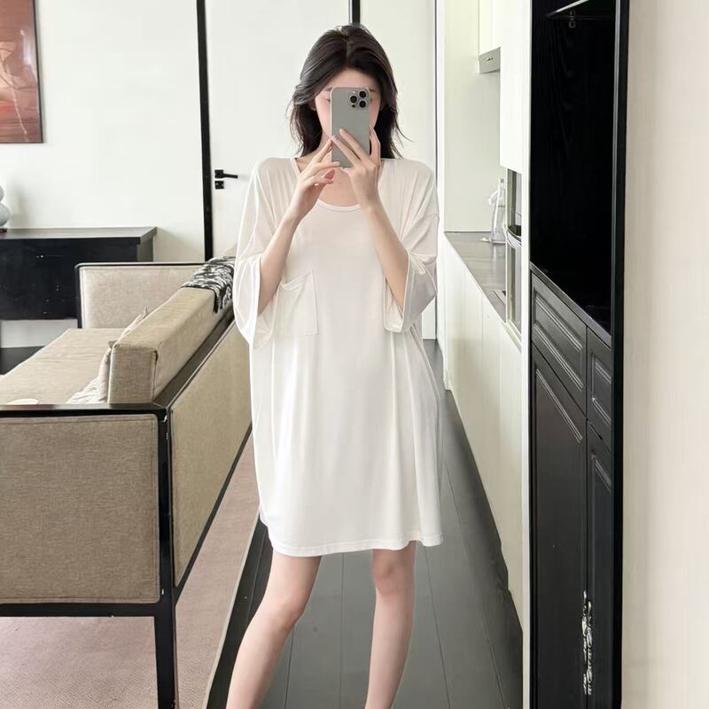 [Modal Fabric] Summer Trendy Short-Sleeve Solid Color Nightgown, Casual Loose Style, Korean Version, Suitable for Wearing Outside or as Loungewear