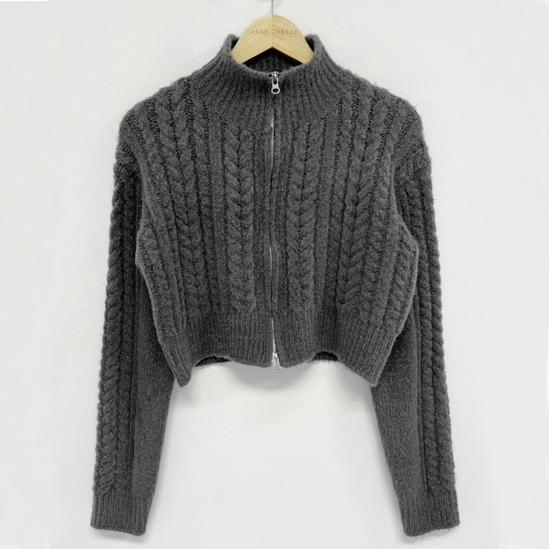 Otoño e invierno nuevo corto de manga larga chic vintage patrón de cáñamo de doble cabeza cremallera solapa de punto cardigan suéter abrigo para mujeres
