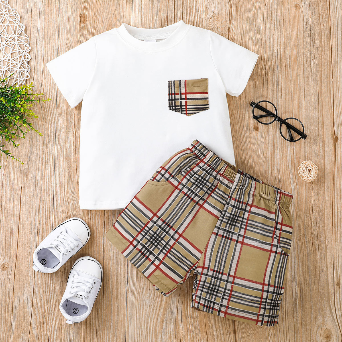 Summer New Boys Solid Short sleeved Top+Checkered Shorts Two piece Fashion Casual Set_voghion.com