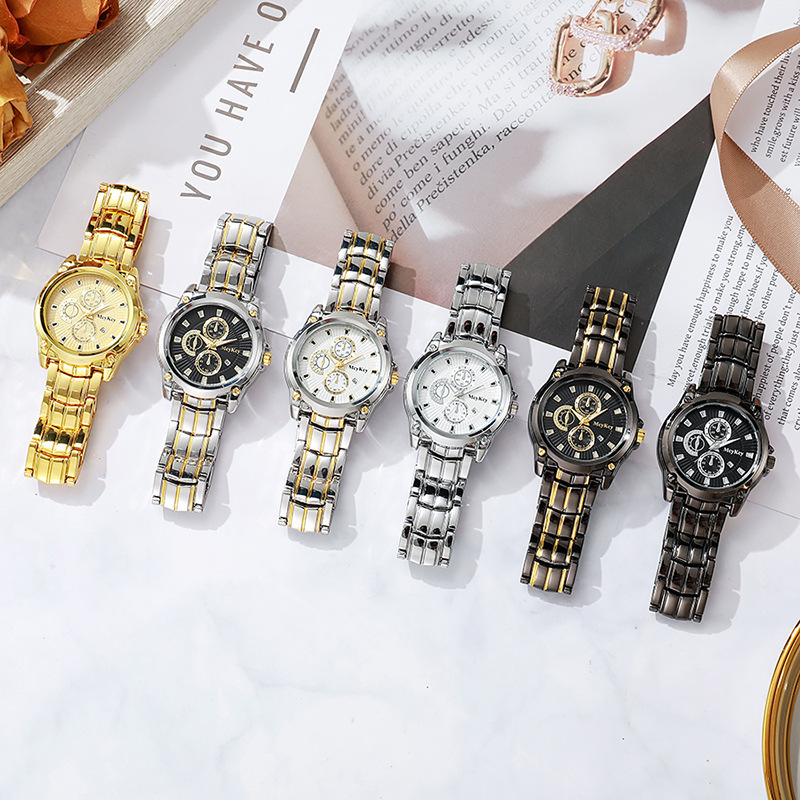 Nuevo reloj de correa de acero de pareja de aleación transfronteriza clásico negocio de tres ojos gran esfera impermeable fábrica de relojes de cuarzo al por mayor