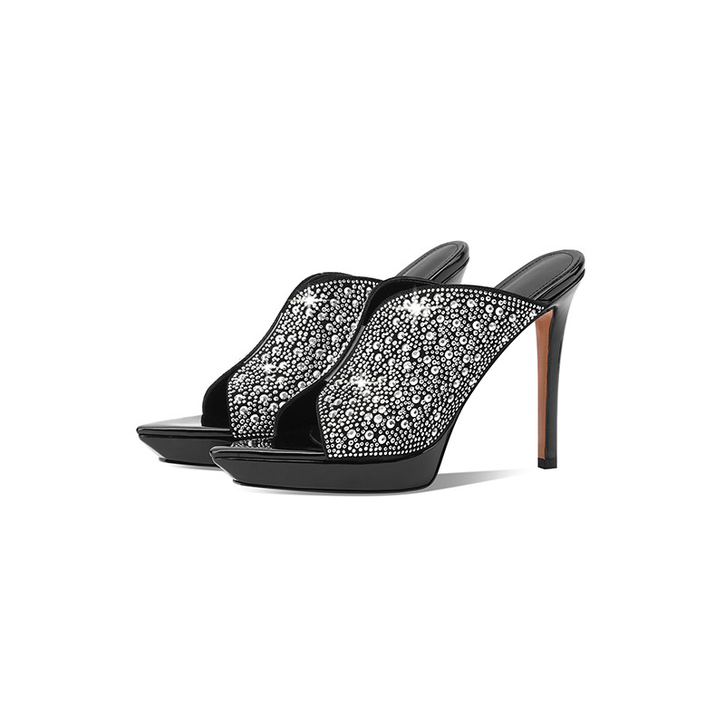 Sandal cao gót nữ mũi nhọn hở mũi đính đá, quai ngang, đế platform, gót 9 cm — Màu đen da cừu lộn