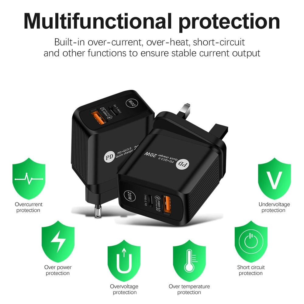 Головка быстрой зарядки QC3.0 5V/9V/12V, быстрая зарядка, европейско-американский однопортовый USB-зарядник, протокол PD20W