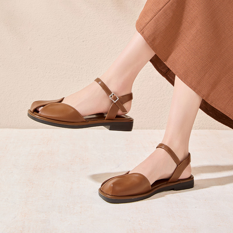 Sandal bít mũi nữ phong cách Mori quai mảnh đế bệt — KN30 màu be