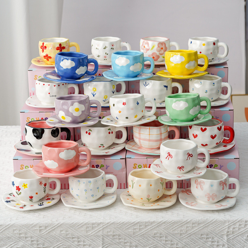 Beautiful Coffee Cup and Saucer Set Commercial Gift Irregular Cross-Border Breakfast Cup Ceramic Pastoral Style Hand-Painted Underglaze Color