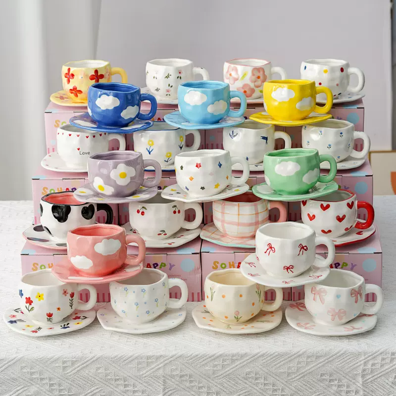 漂亮咖啡杯碟套装商用礼品不规则跨境早餐杯陶瓷田园风手绘釉下彩