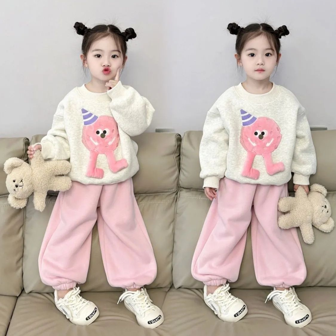 Suéter de invierno para niñas 2024 manga larga nuevo estilo más terciopelo grueso ropa de dibujos animados niñas niños tops de invierno dos piezas