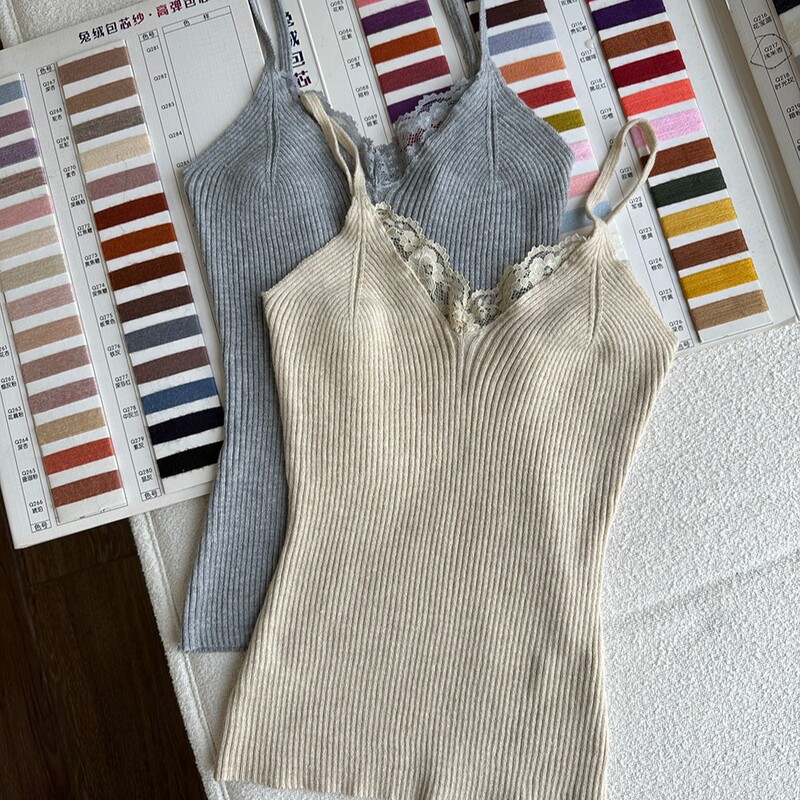 Rabbit velvet core-spun yarn soft waxy lace stitching small camisole