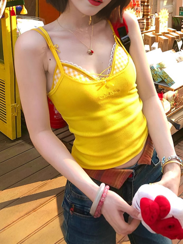 Yellow Two-Piece Short Color Grid Cross Bra Camisole Women's Top Summer Hot Girl Slim Fit Layered Inner Wear