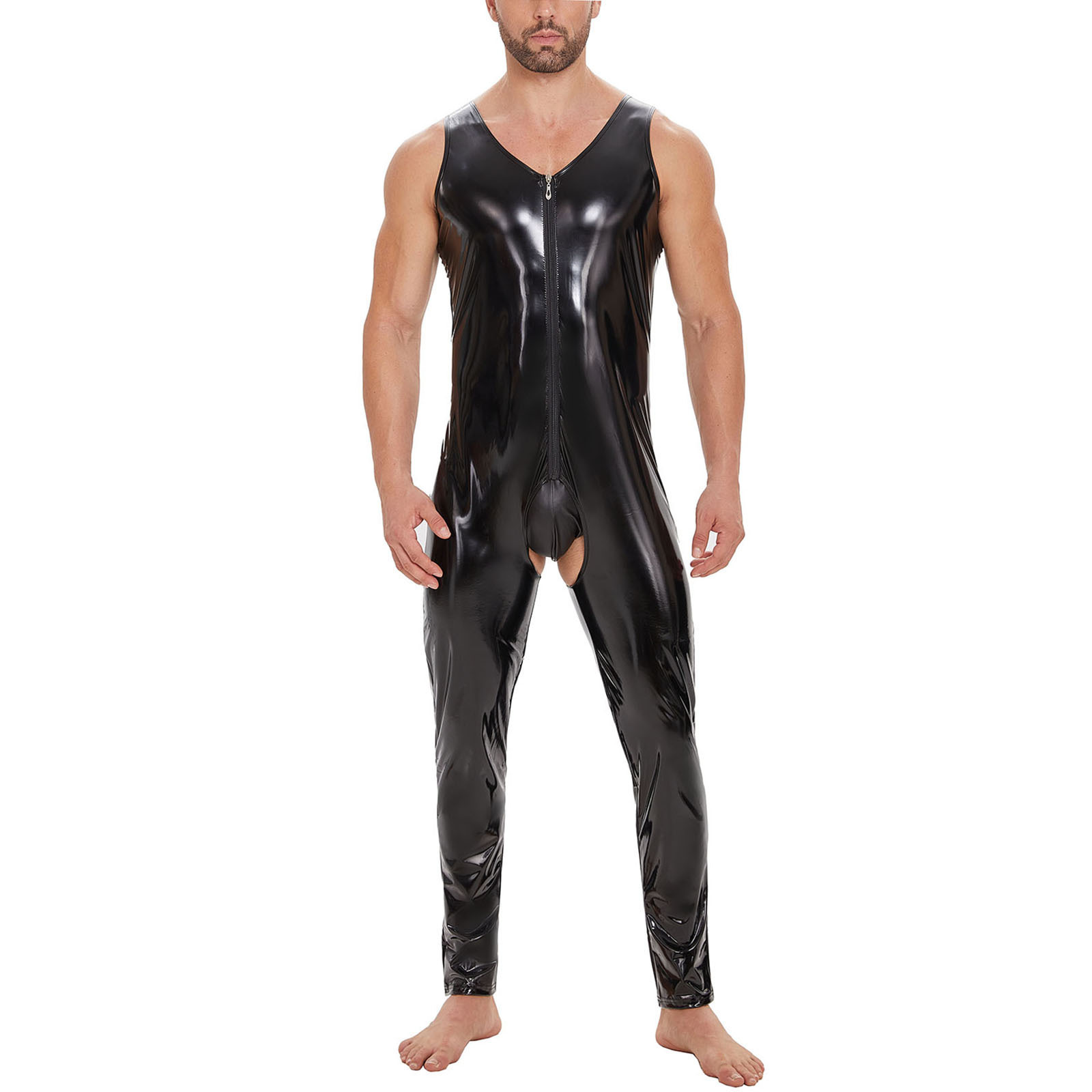 Cherry Temptation Plus Size Men's PVC Glossy Leather Jumpsuit, Sexy Open Crotch Slim Fit Jumpsuit, KTV Performance Leather Pants