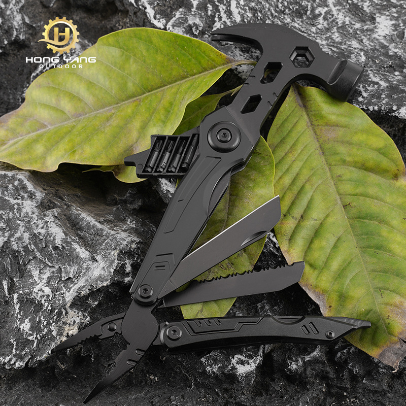 批发户外随身多功能不锈钢折叠钳子发黑羊角锤子野营应急工具锤