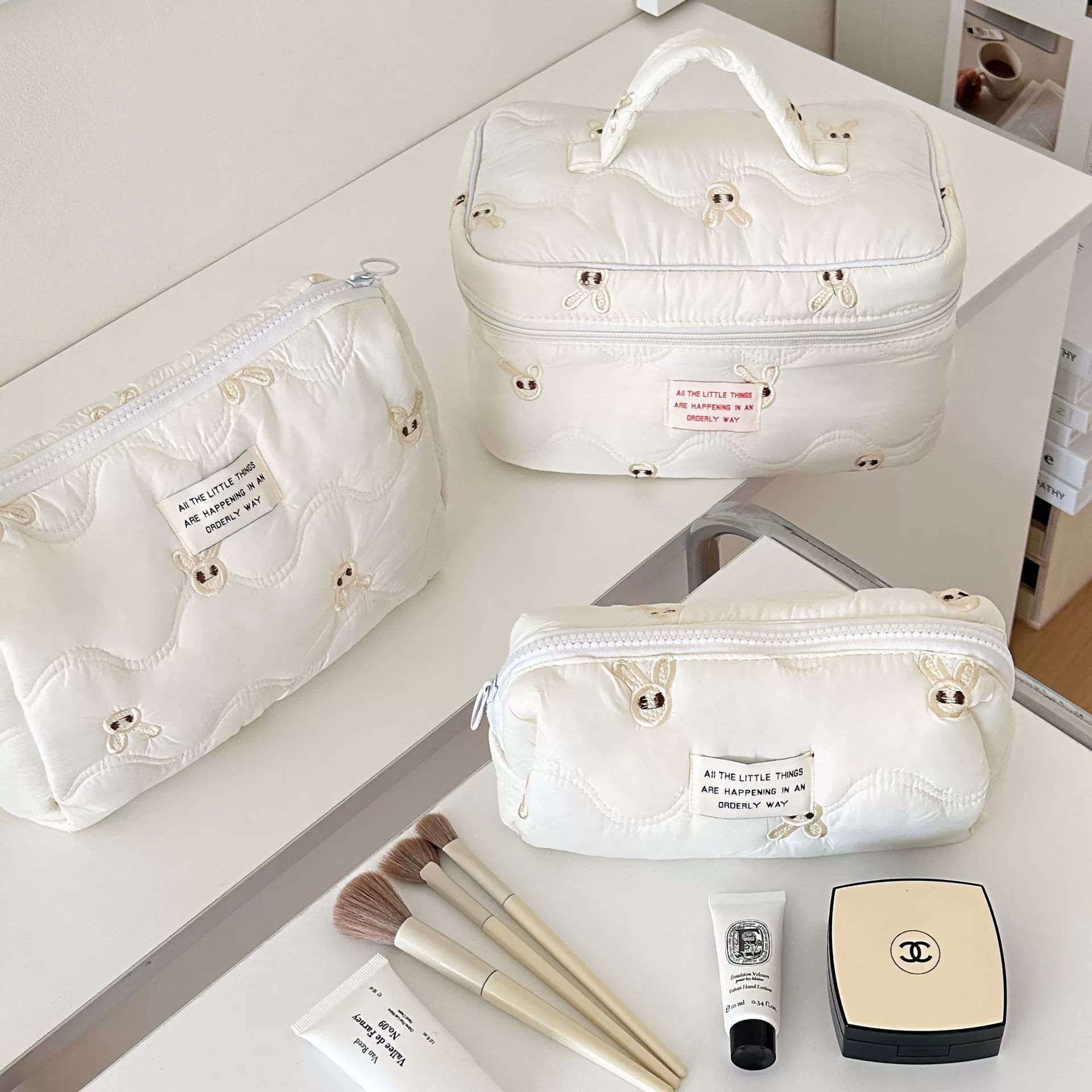 Handheld Cosmetic Bag, Korean Style Bow Organizer, Cotton, Multiple Sizes (Small/Medium/Large)