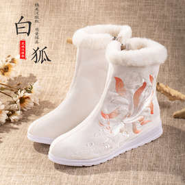 冬季汉服靴女单靴加绒绣花鞋民族风古风靴皂靴改良短靴明制古装靴