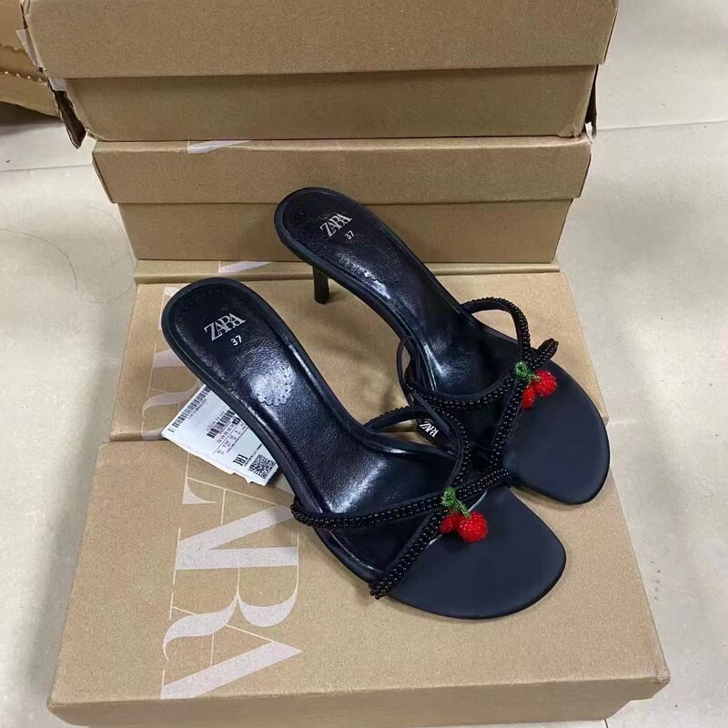 ZA2025 Summer New Fashion High Heel Women's Shoes Beaded Cherry Pendant Black Thin Heel Open Toe Rear Empty Women's Shoes