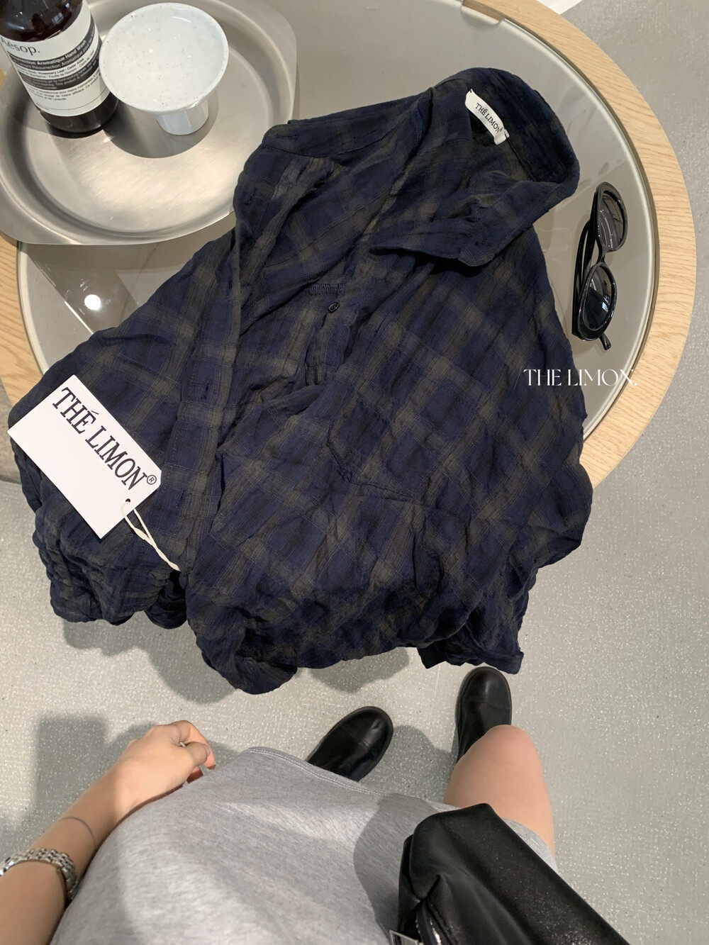 Áo sơ mi nữ dài tay cổ bẻ họa tiết kẻ caro phong cách Hàn Quốc — xanh đậm chi tiết 30