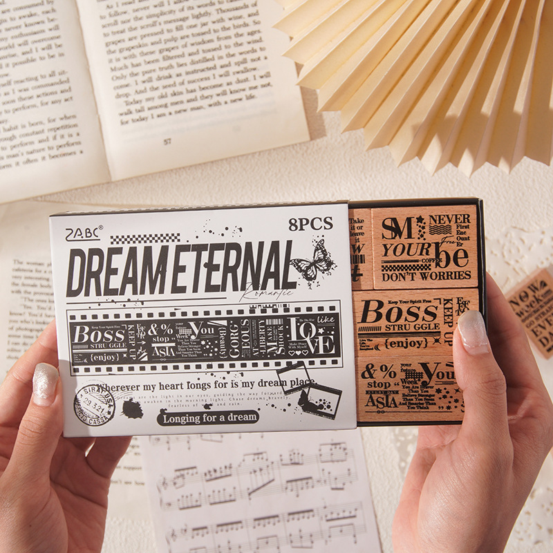 Mengyuan Eternal Retro Inglés Libro de mano de madera Juego de sellos Caja Diy Libro de mano Impresión decorativa Juego de sellos transfronterizos