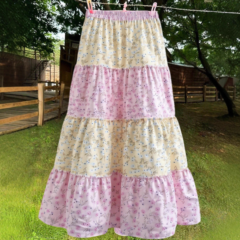Sweet Dopamine Floral Patchwork Floral Skirt, Holiday Style, Sweet Pastoral Style, Elastic Waist Long Skirt