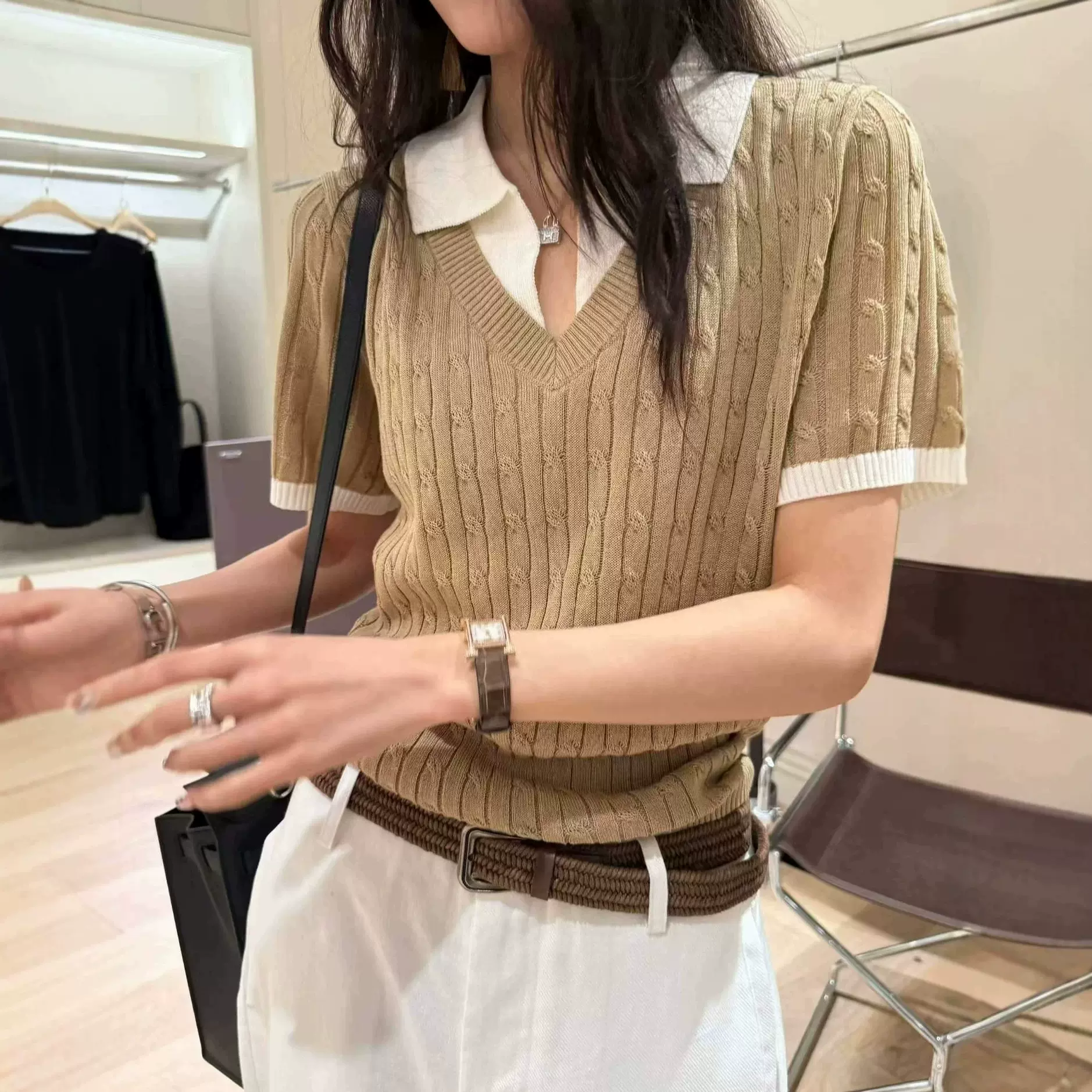 亚麻和纸纱26夏季新款假两件拼色POLO领针织衫女休闲翻领短袖上衣