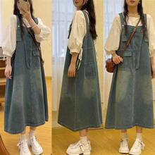 复古背带牛仔连衣裙女夏季新款大口袋可调节背后开叉牛仔背带裙子
