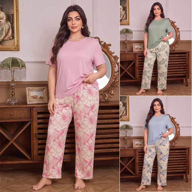 European and American style casual plus-size home wear, oversized floral round-neck short-sleeve long-pants women's pajama set European and American style casual plus-size home wear, oversized floral round-neck short-sleeve long-pants women's pajama set