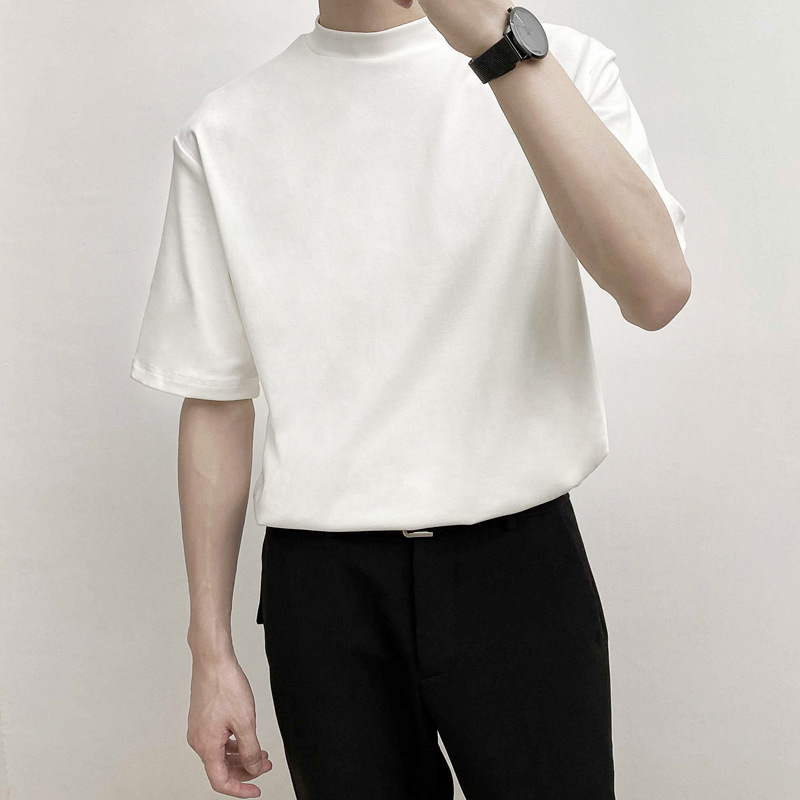 티셔츠 반팔 남성 여름 트렌디 브랜드 유행 가벼운 성숙한 스타일 2023 새로운 솔리드 컬러 세미 하이 칼라 베이스 탑 코튼