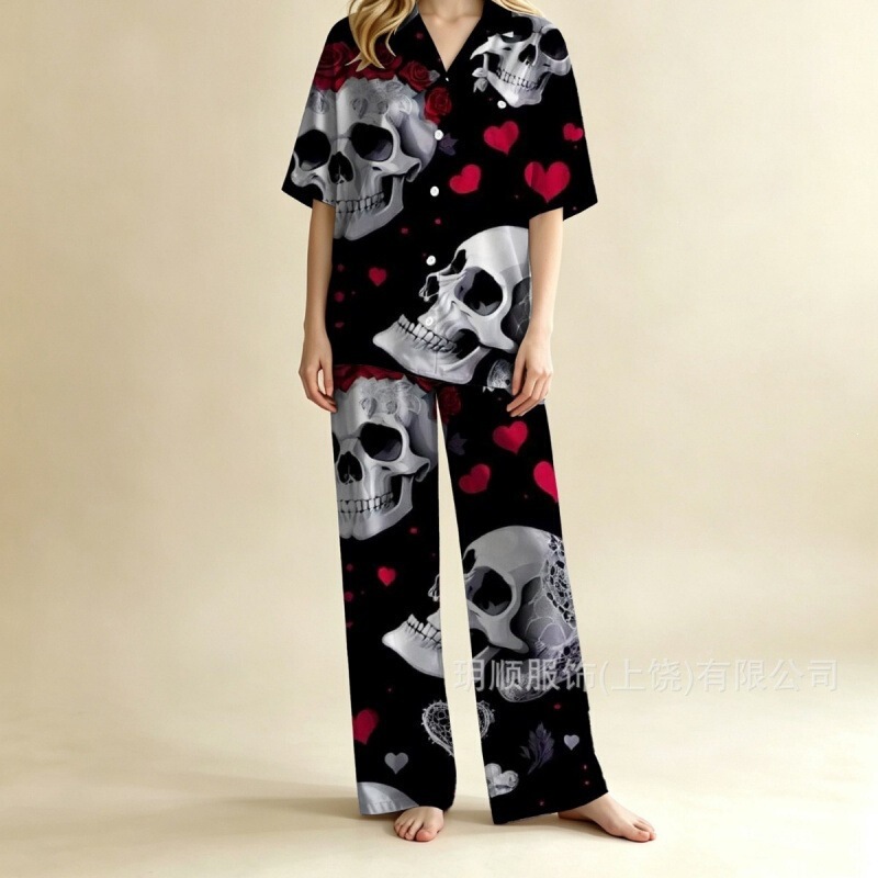 2026 New Digital Print Halloween Satin Pajama Set, Full Print Halloween 57-Color Pajama Set