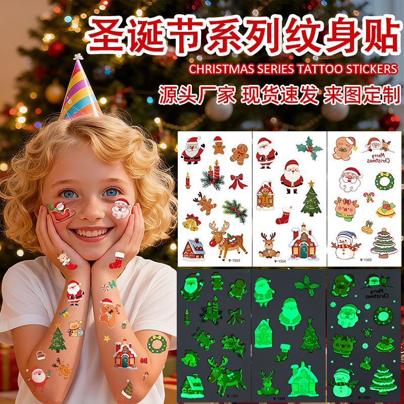 Cross-Border Luminous Tattoo Stickers Waterproof Cartoon Kidsren's Christmas Temporary Makeup Decoration Stickers Cute Snowman Tattoo Cross-Border Luminous Tattoo Stickers Waterproof Cartoon Kidsren's Christmas Temporary Makeup Decoration Stickers Cute Snowman Tattoo