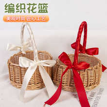 圆形简约纯手工编织手提花篮家用客厅编织收纳筐卧室装饰花篮
