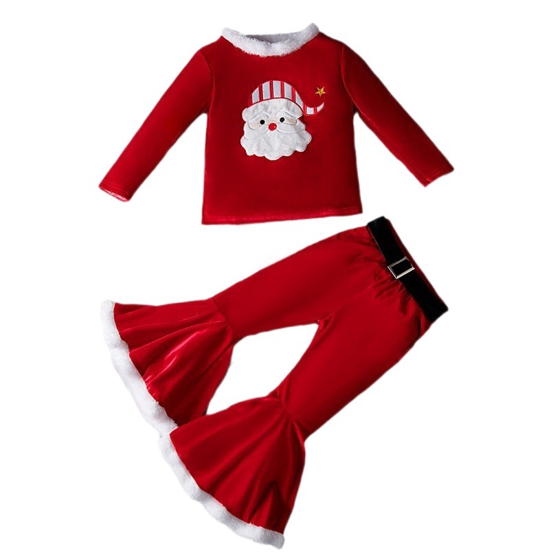 Amazon Niños traje de felpa de Navidad pantalones acampanados de Europa y América de Primavera y Otoño de Invierno de terciopelo de oro de Navidad elfo ropa