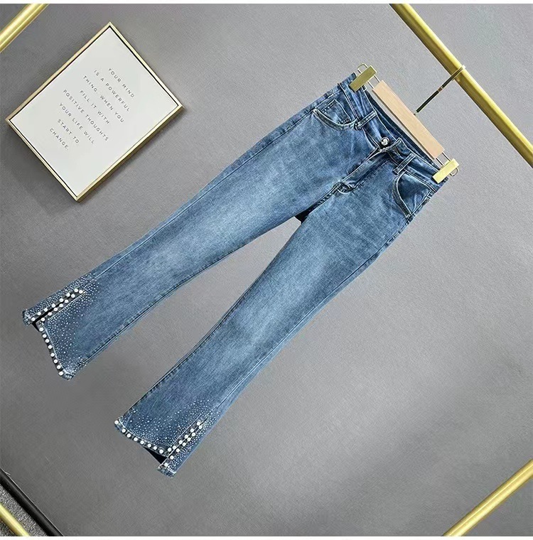 High-waisted Rhinestone Flared Jeans With Side Slits Denim Trousers_voghion.com